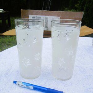 VTG FEDERAL GLASS, SET OF 2 TUMBLERS, FROSTED W/ATOMIC SNOWFLAKE DESIGN